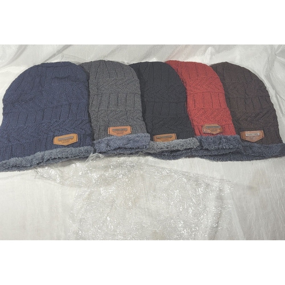 LOT: 5 Song Ting Fleece Lined Beanie Hats - Blue, Grey, Black, Red, & Brown